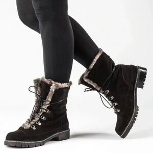 Stuart Weitzman Faux Fur Trim Black Suede & Leather Lace Up Lug Sole Boots 9.5